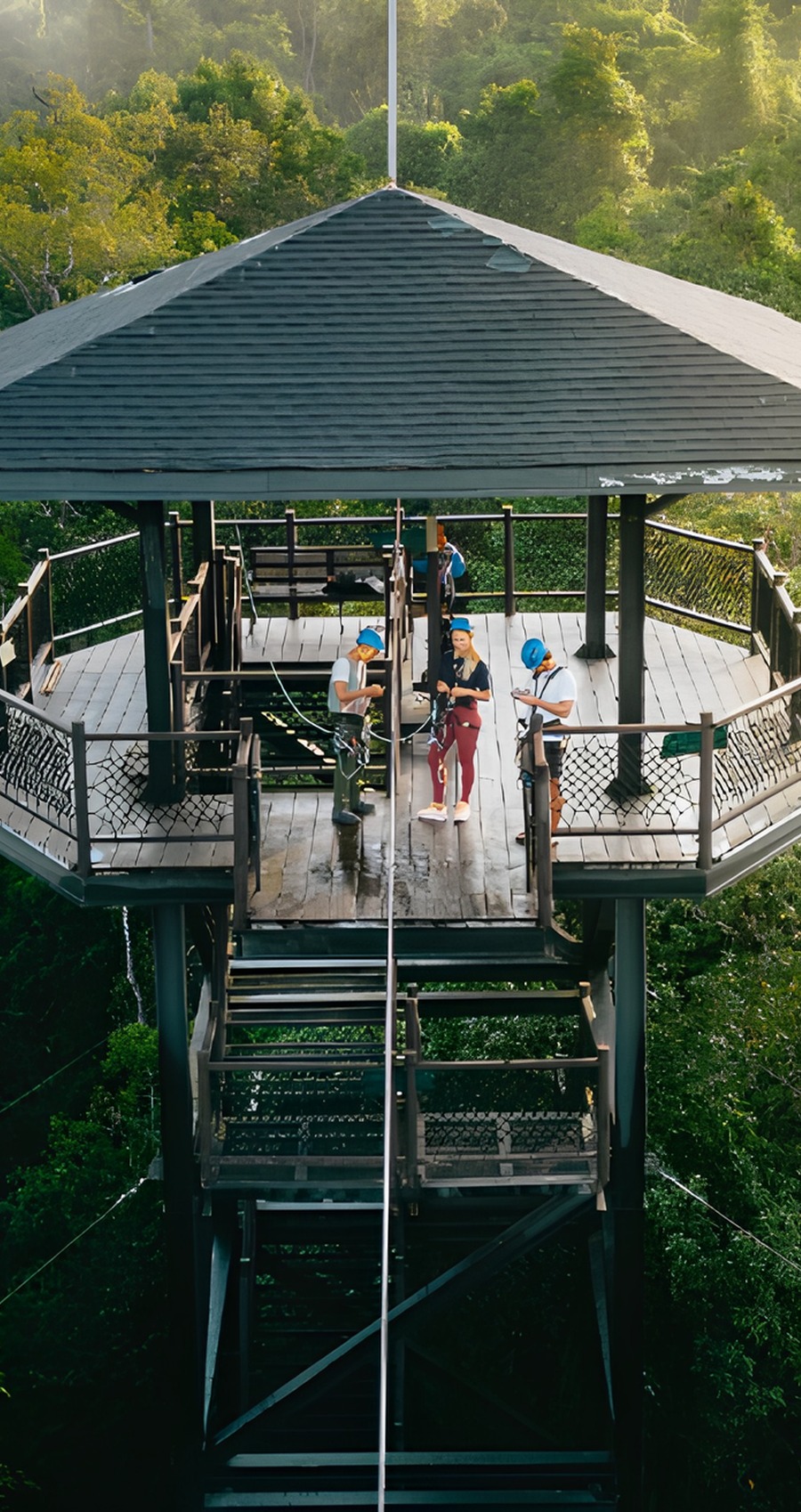 Zipline adventure tower rising through lush forest canopy